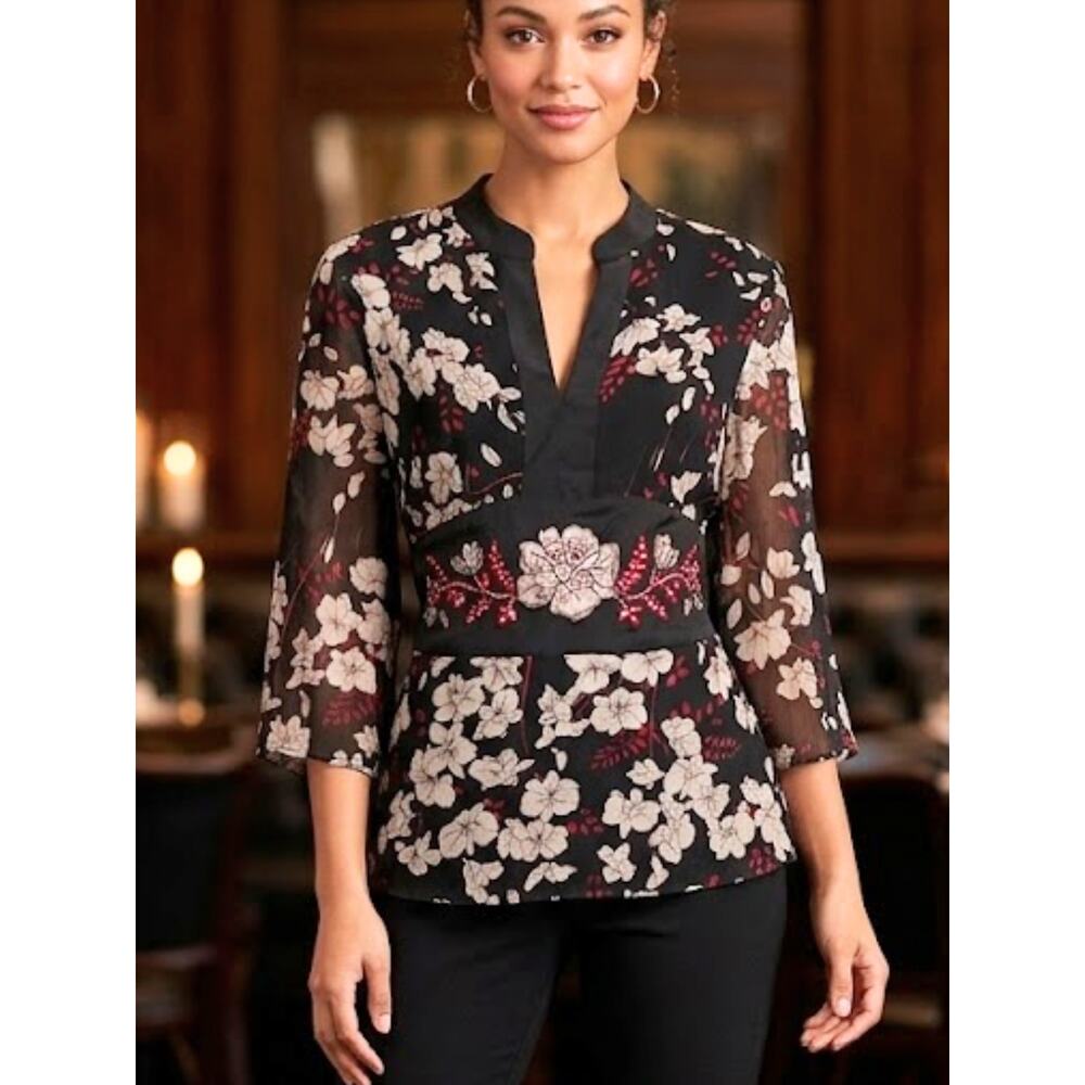 DONNA CODY Floral Embroidered Silk Blouse, M